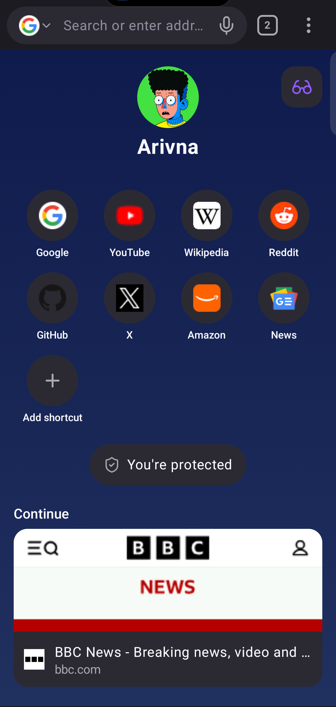 The Arivna home screen with search bar, shortcuts and the You're protected badge