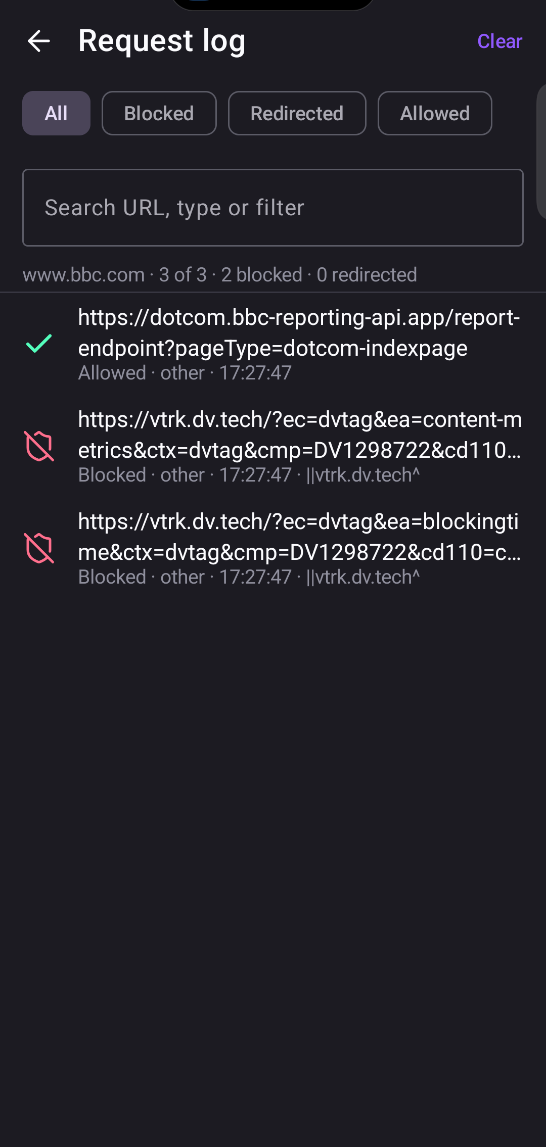 The request log listing blocked and allowed requests with their filters