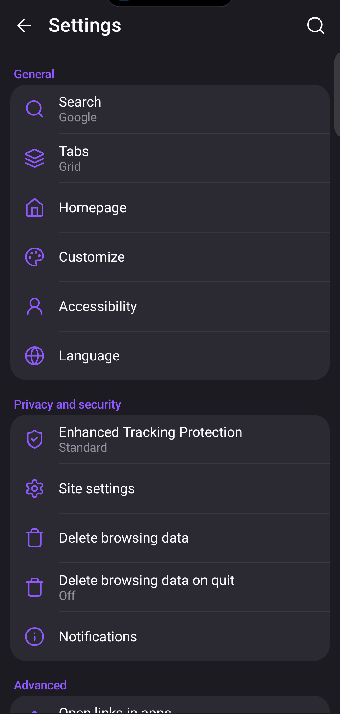 The settings screen